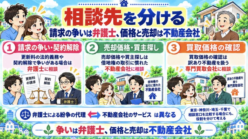 相談先を分ける｜請求の争いは弁護士、価格と売却は不動産会社　借地権