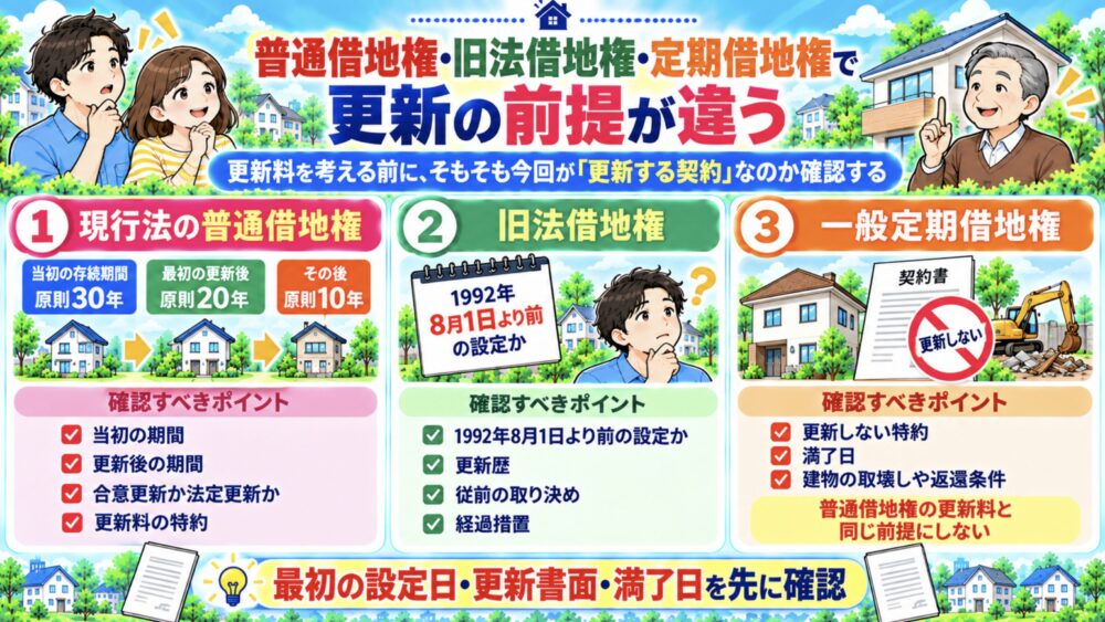 普通借地権・旧法借地権・定期借地権で更新の前提が違う