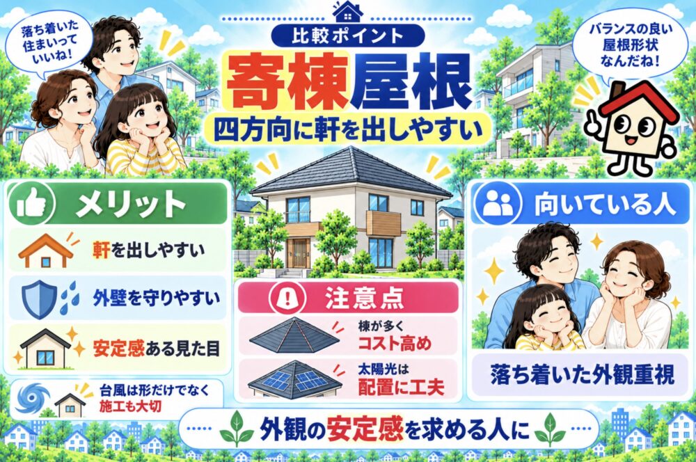 寄棟屋根｜四方向に軒を出しやすく落ち着いた外観