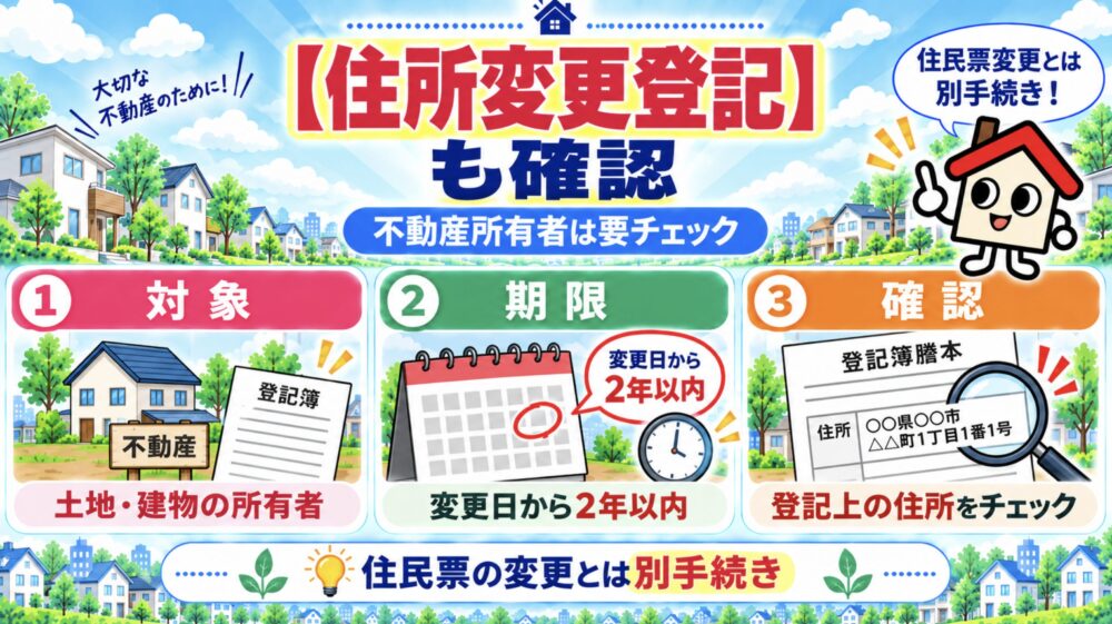 不動産を所有していて登記上の住所が変わる人は「住所変更登記」も確認