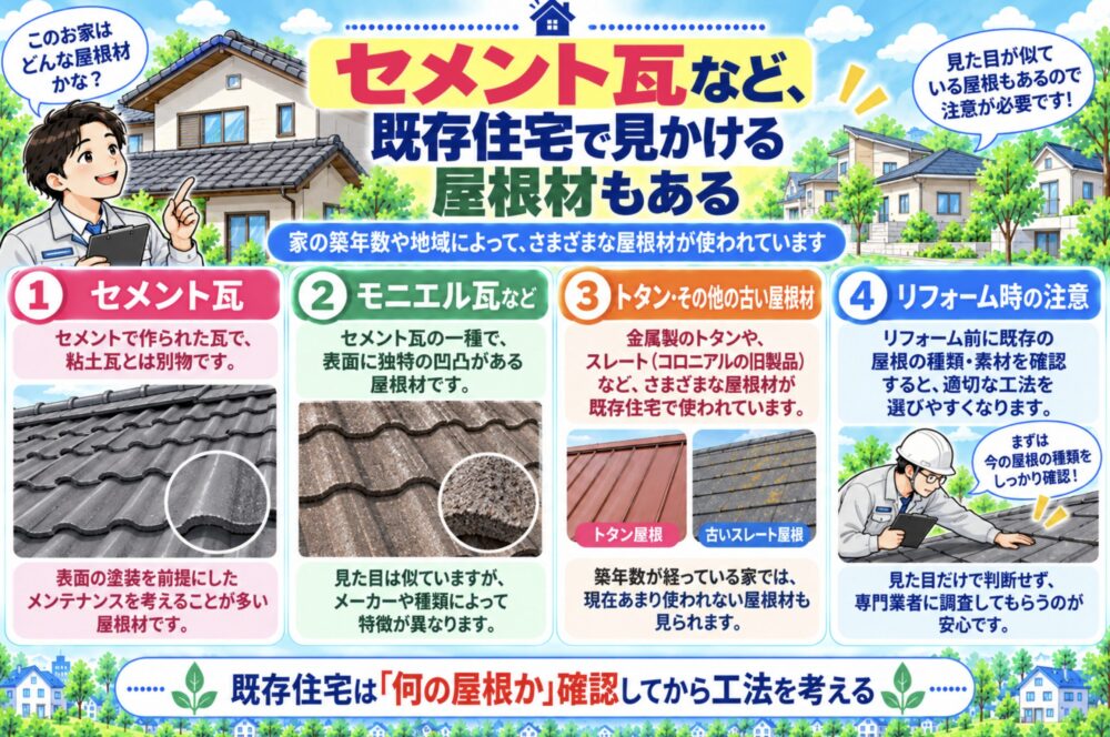 セメント瓦など、既存住宅で見かける屋根材もある