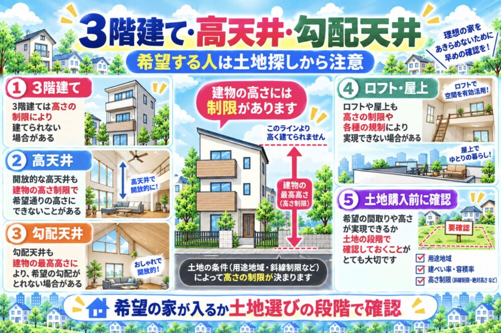 3階建て・高天井・勾配天井を希望する人は土地探しから注意