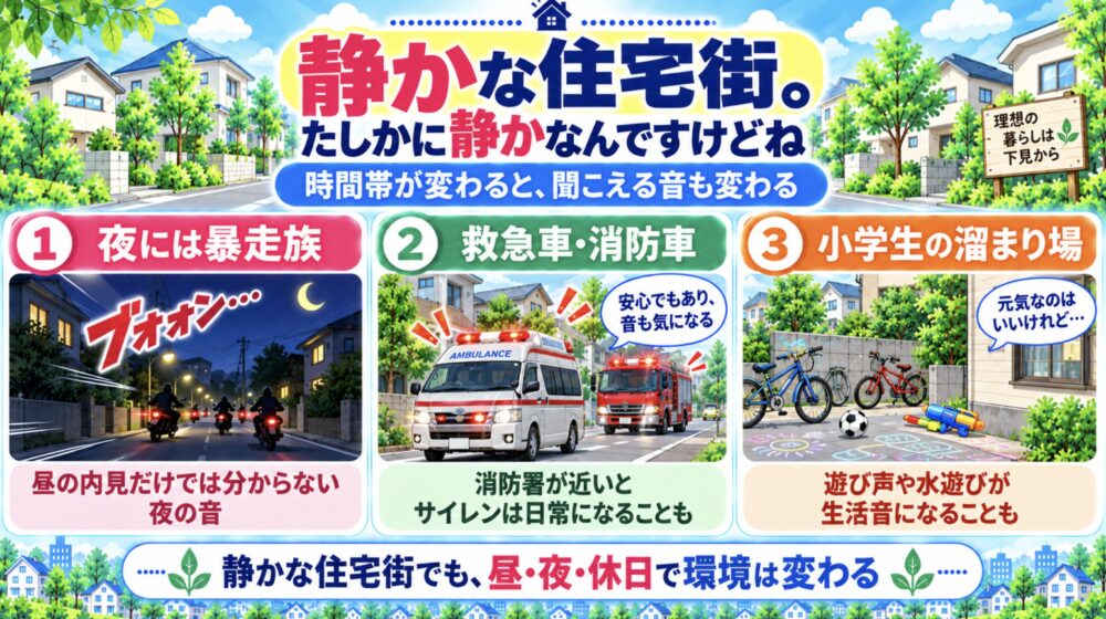 静かな住宅街。しかし、時間帯が変われば騒音もある。暴走族、子供の遊び場、サイレン