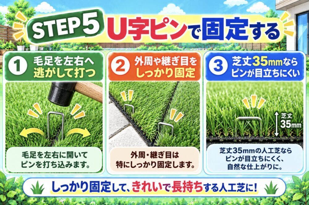 STEP5｜U字ピンで人工芝を固定する