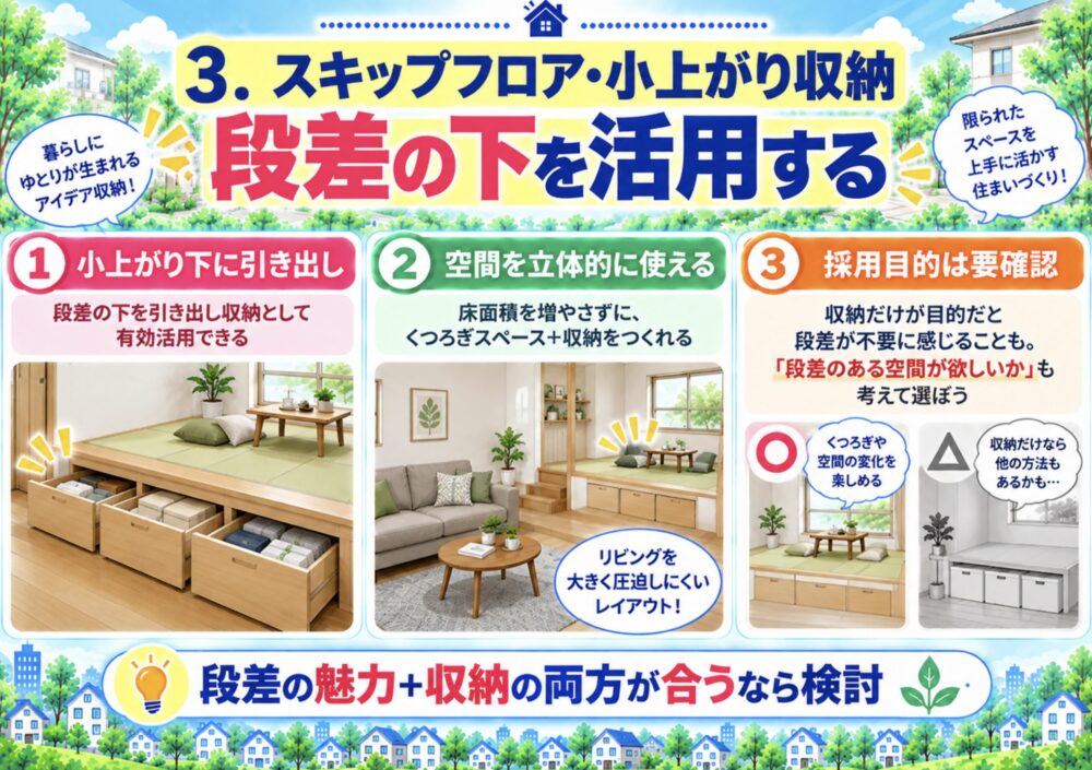 スキップフロア・小上がり収納｜段差の下を活用する