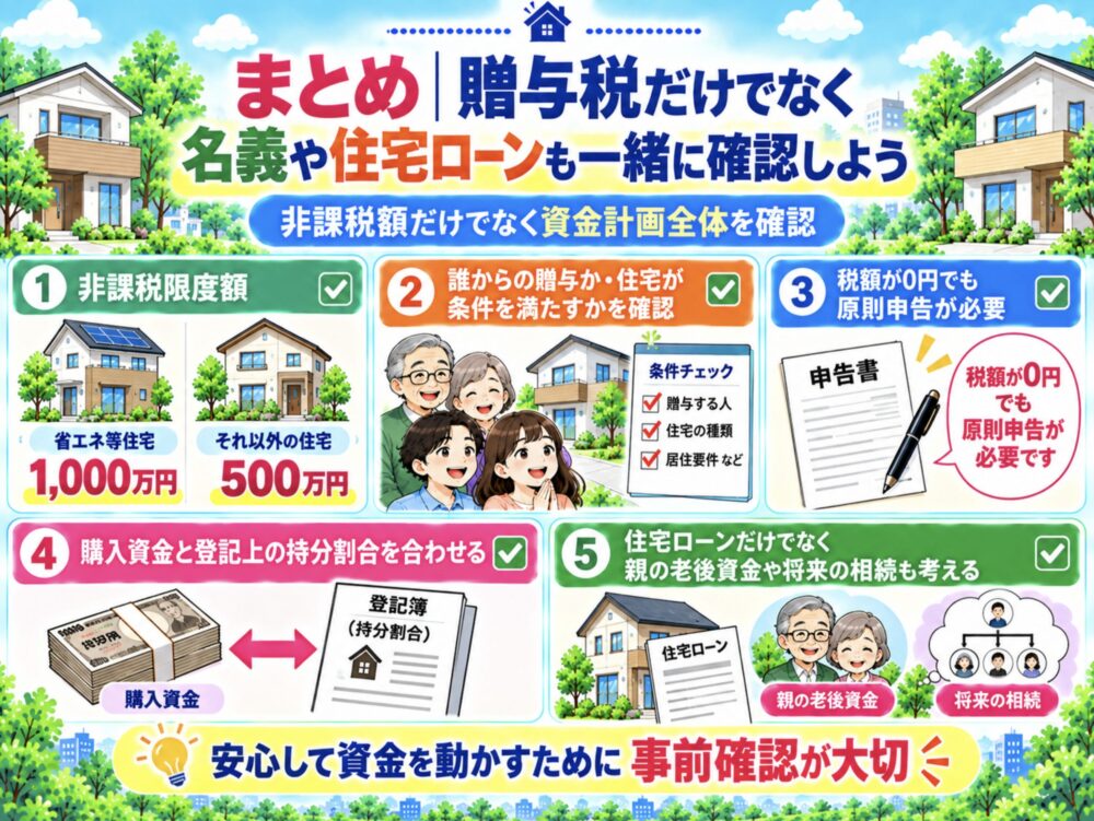 まとめ｜贈与税だけでなく名義や住宅ローンも一緒に確認しよう