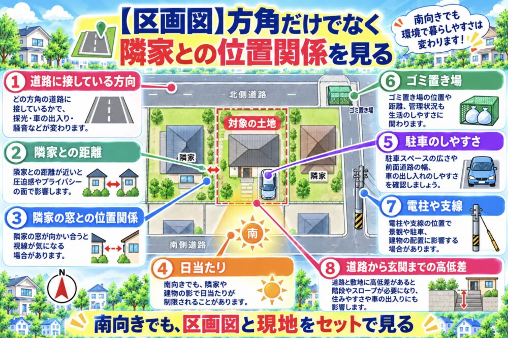 戸建てのチラシの見方・注意点【区画図】方角だけでなく隣家との位置関係を見る