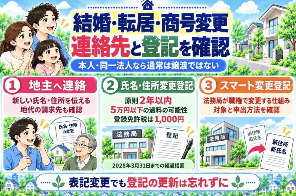 結婚・転居・商号変更は、借地契約の連絡先と登記の氏名・住所を確認　借地権