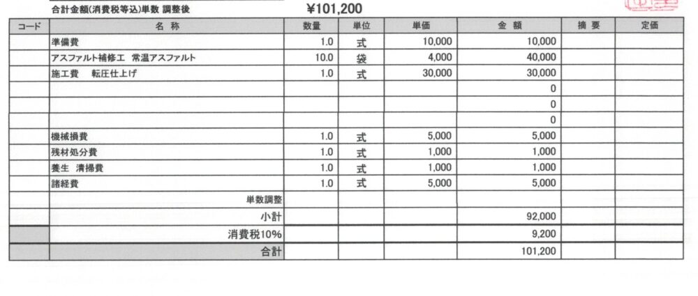 道路陥没補修の見積書