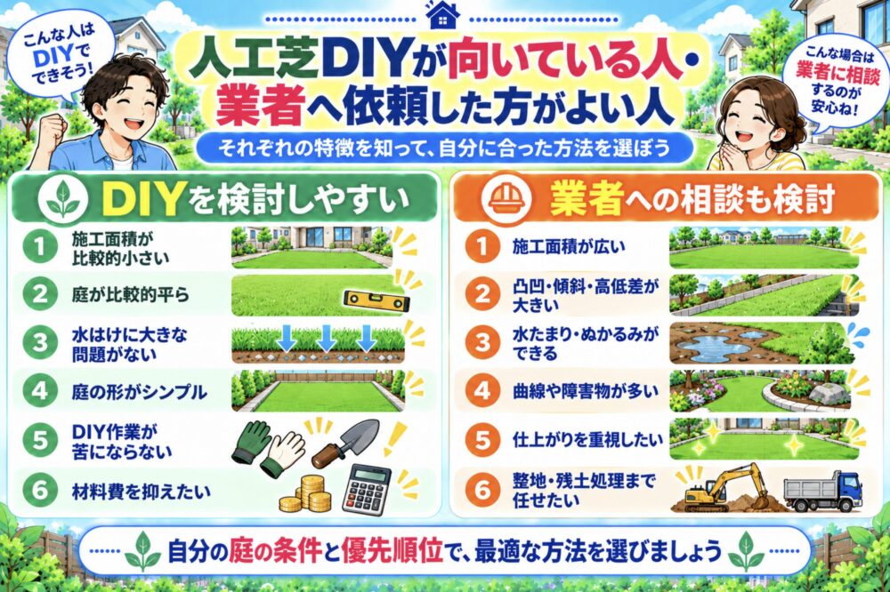 人工芝DIYが向いている人・業者へ依頼した方がよい人