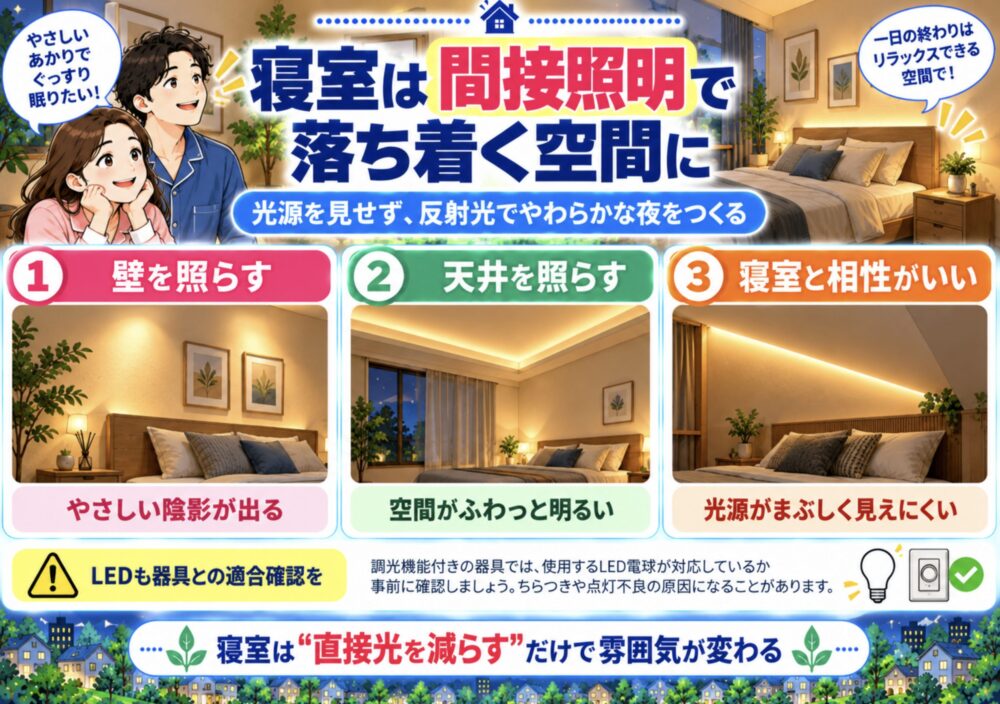 寝室は間接照明で落ち着く空間に