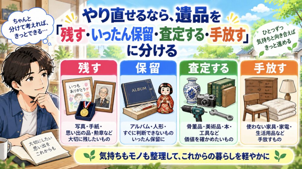 やり直せるなら、遺品を「残す・いったん保留・査定する・手放す」に分ける