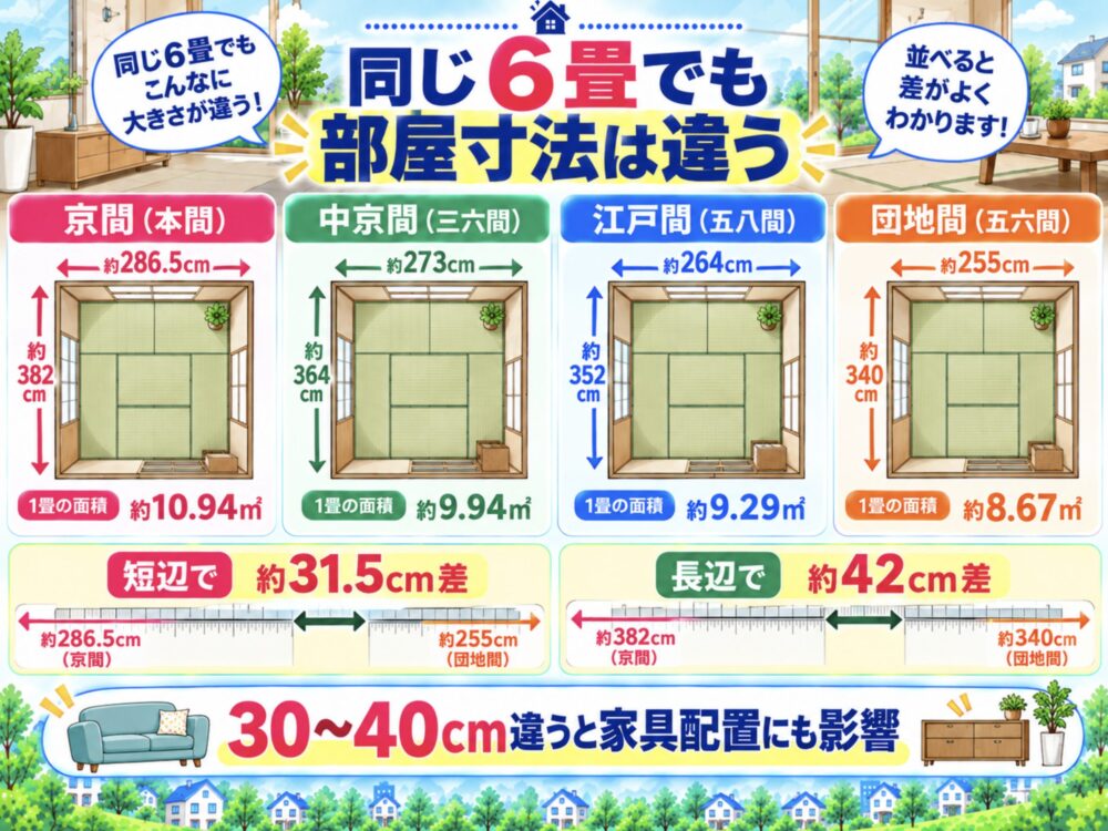 同じ6畳を並べると部屋の縦横はどのくらい違う？