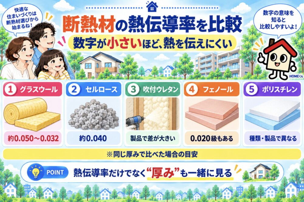 断熱材の熱伝導率を比較|数字が小さいほど熱を伝えにくい