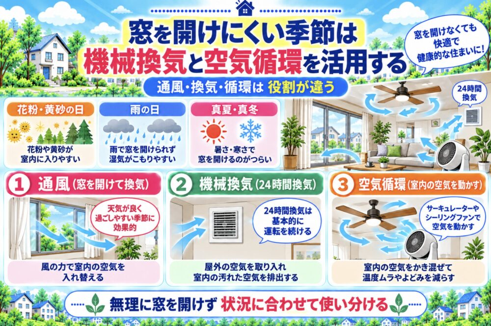 窓を開けにくい季節は機械換気と空気循環を活用する