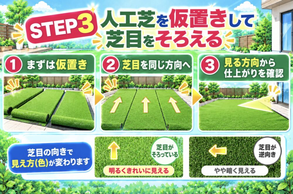 STEP3｜人工芝を仮置きして芝目の向きをそろえる