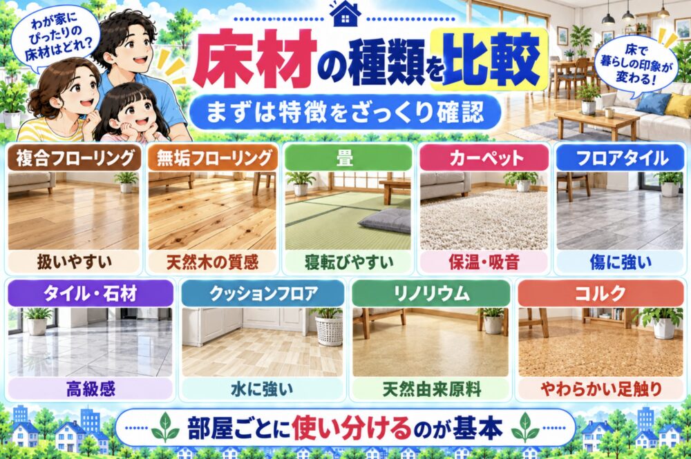 床材の種類を比較|まずは特徴をざっくり確認