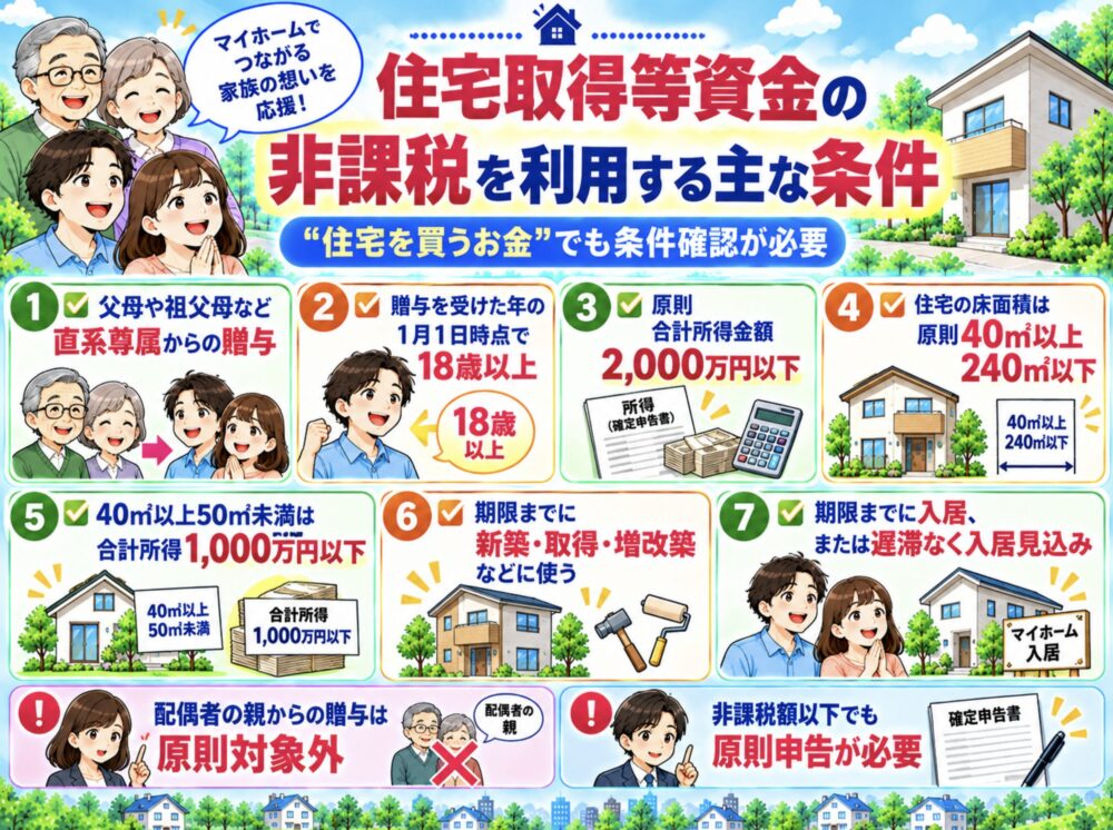 贈与税　住宅取得等資金の非課税を利用する主な条件