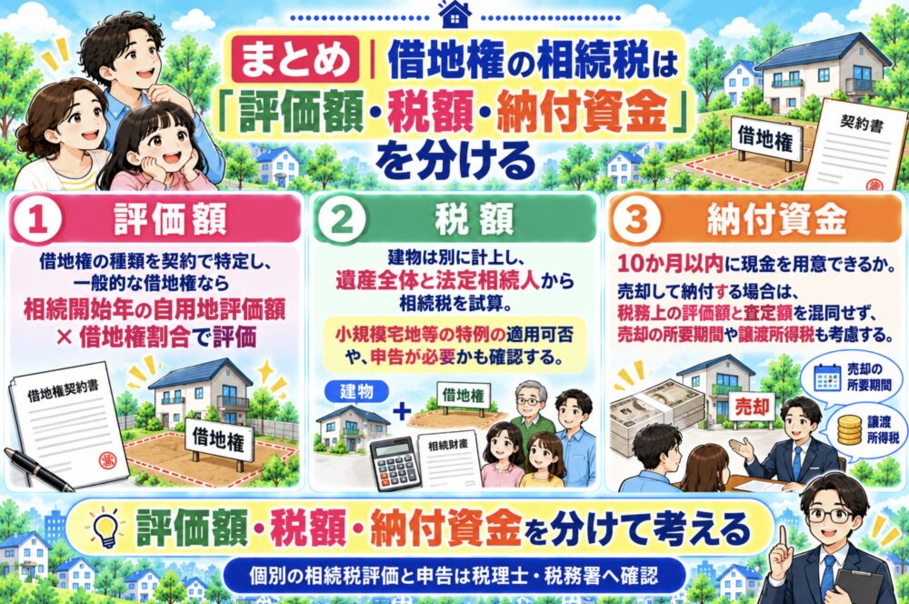 まとめ｜借地権の相続税は「評価額・税額・納付資金」を分ける