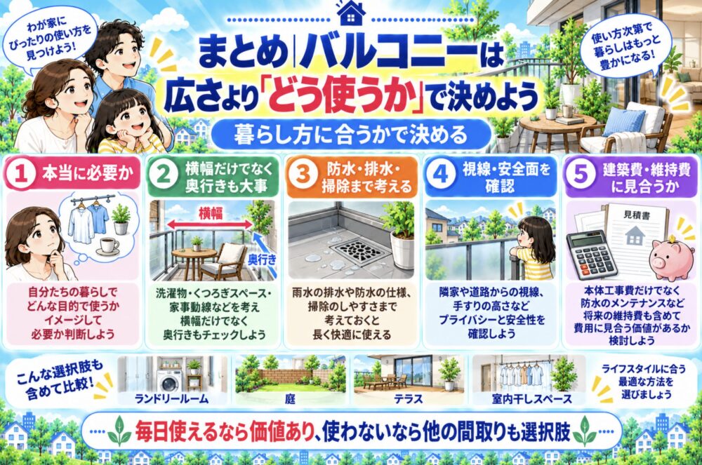 まとめ｜バルコニーは広さより「どう使うか」で決めよう
