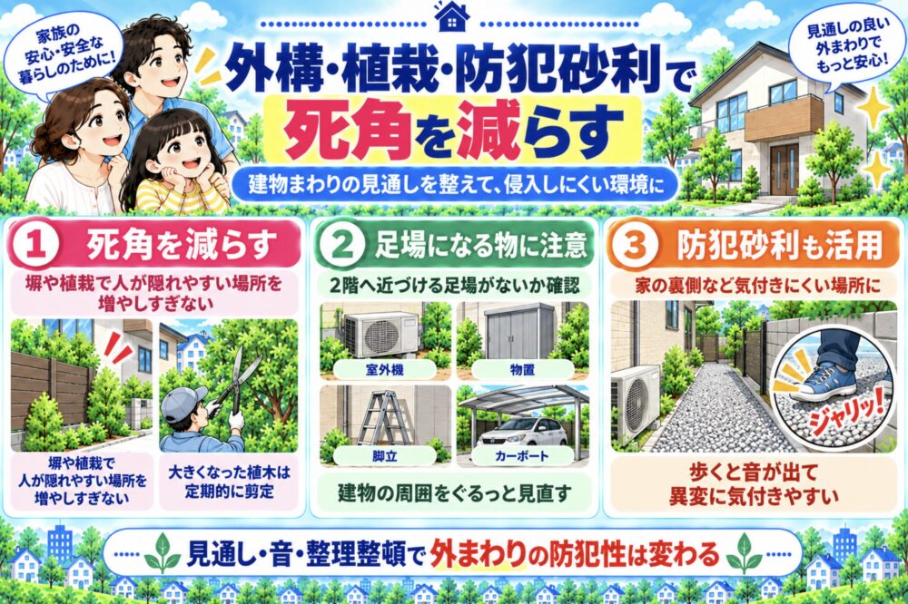 外構・植栽・防犯砂利で死角を減らす
