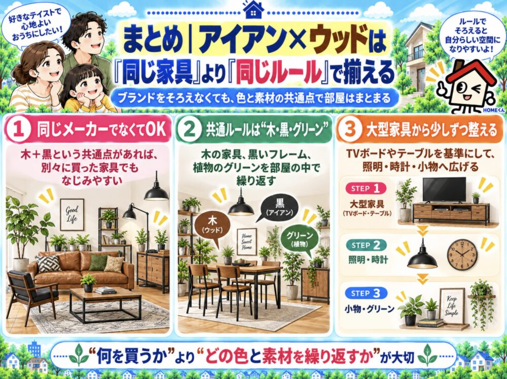 まとめ|アイアン×ウッドは「同じ家具」より「同じルール」で揃える