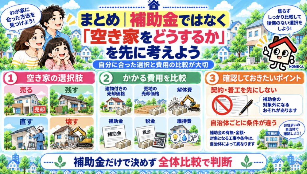 まとめ|補助金ではなく「空き家をどうするか」を先に考えよう