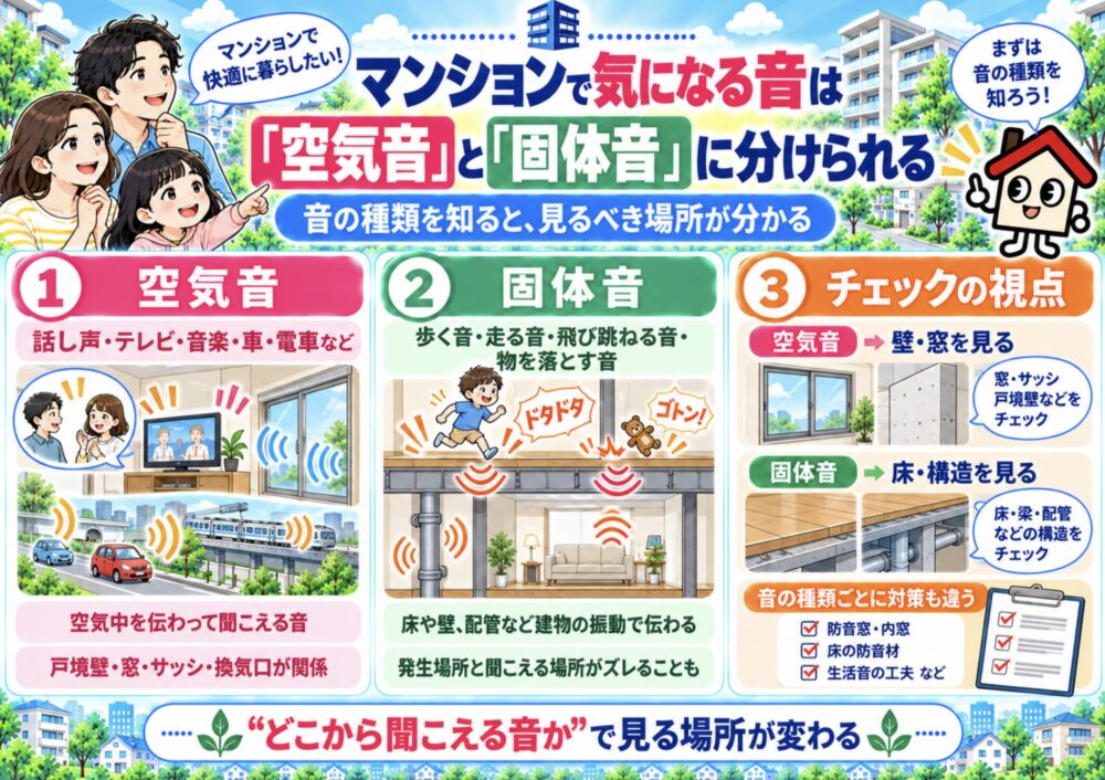 マンションで気になる音は「空気音」と「固体音」に分けられる
