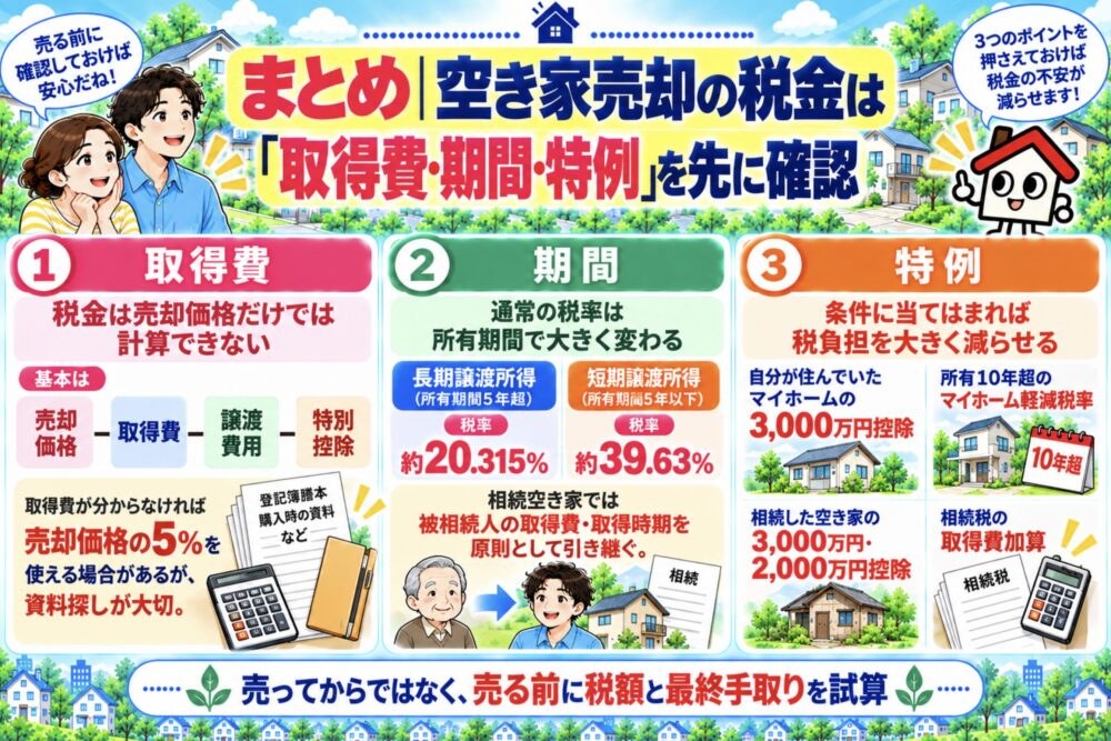 空き家売却の税金は「取得費・期間・特例」を先に確認