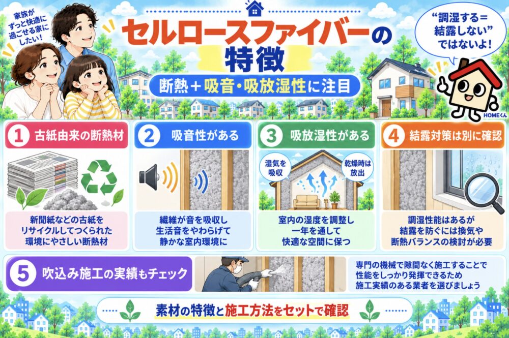 セルロースファイバー|断熱+吸音・吸放湿性が特徴