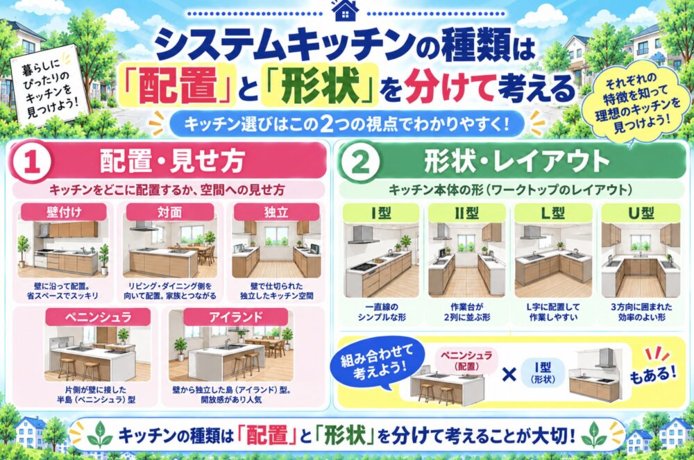 システムキッチンの種類は「配置」と「形状」を分けて考える