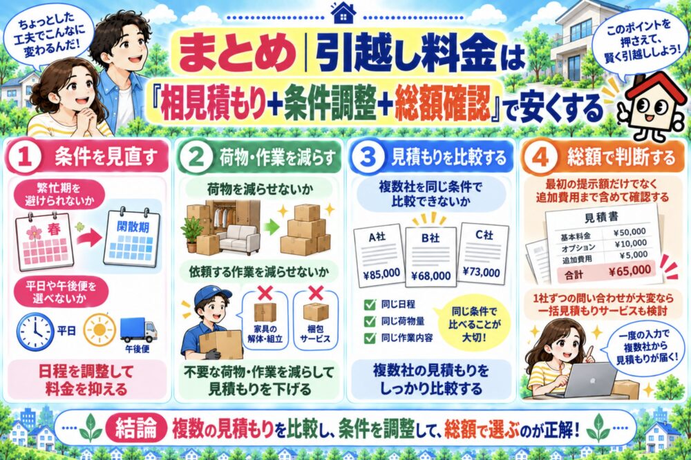 まとめ|引越し料金は「相見積もり+条件調整+総額確認」で安くする