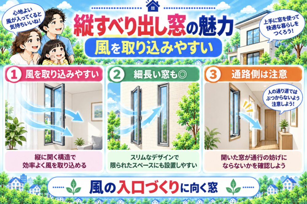 縦すべり出し窓|風を取り込みやすいのが魅力