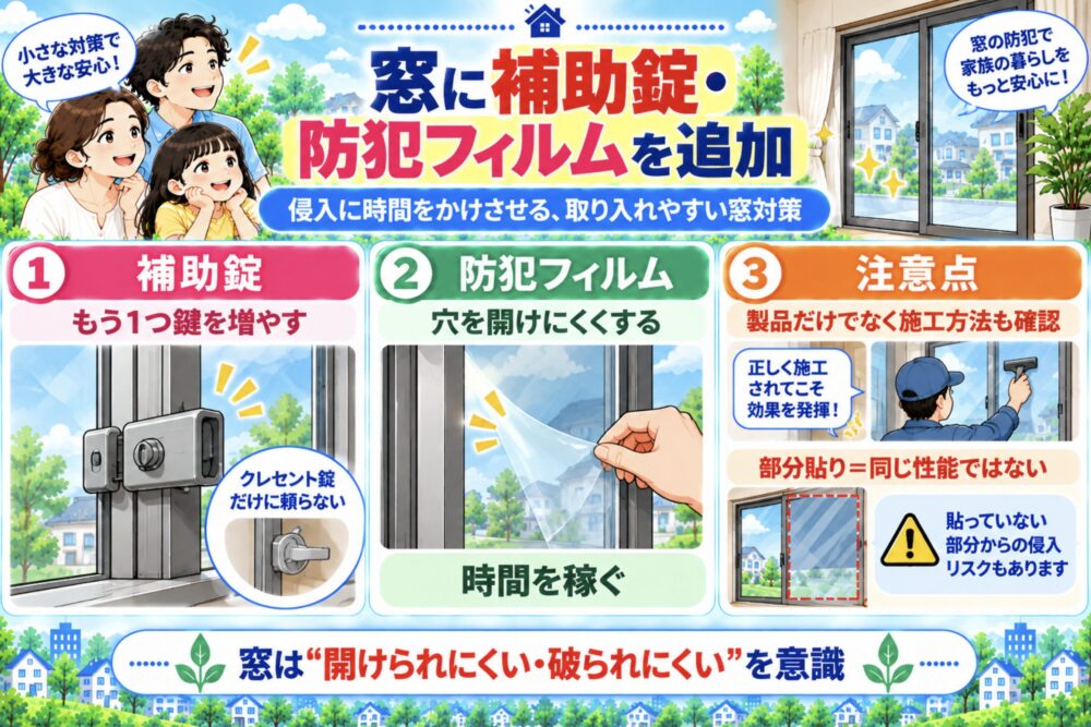 2.窓に補助錠・防犯フィルムを追加する