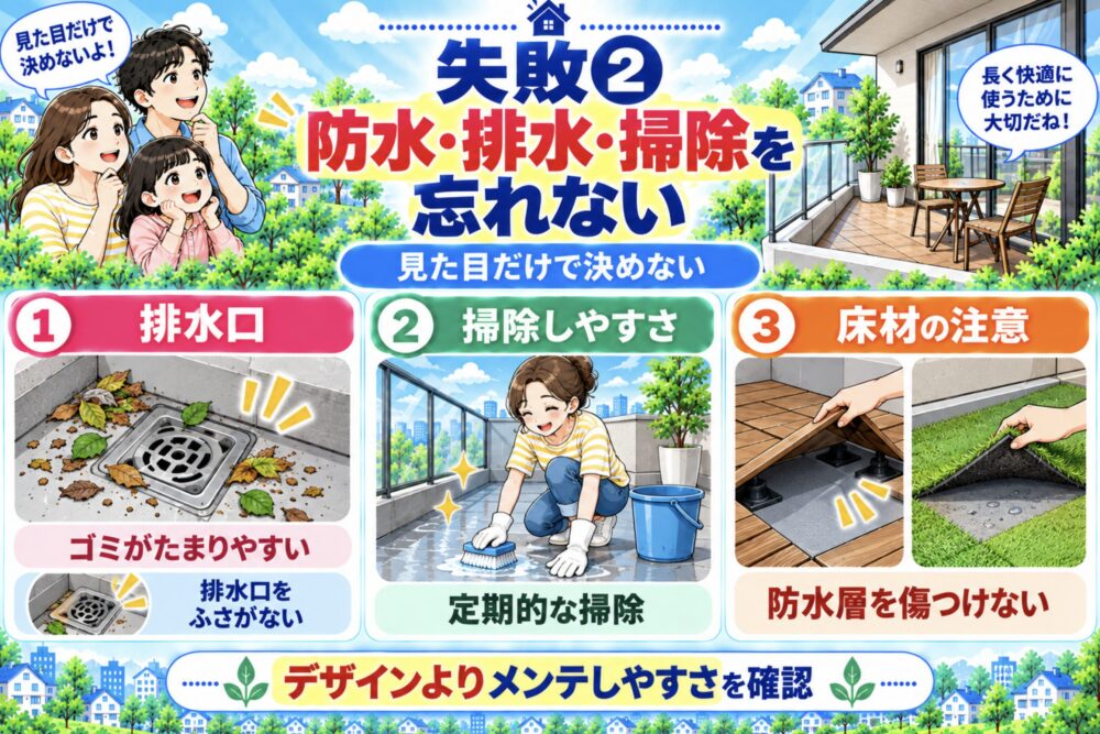 バルコニーの失敗②｜防水・排水・掃除まで考えていなかった