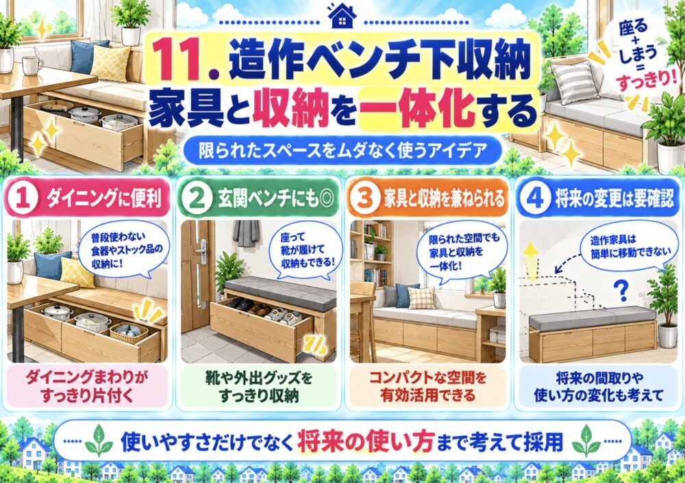 造作ベンチ下収納｜家具と収納を一体化する