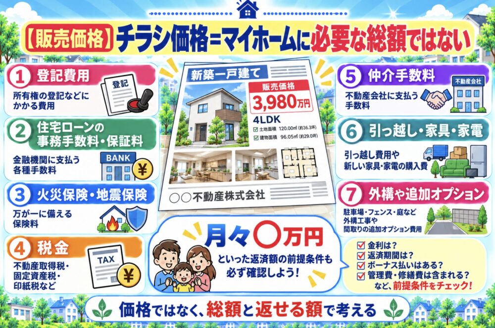 戸建てのチラシの見方・注意点【販売価格】チラシ価格=マイホームに必要な総額ではない