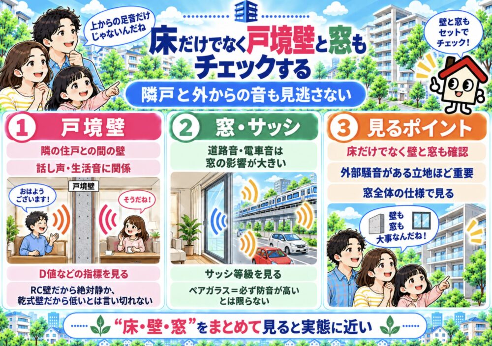 床だけでなく戸境壁と窓もチェックする