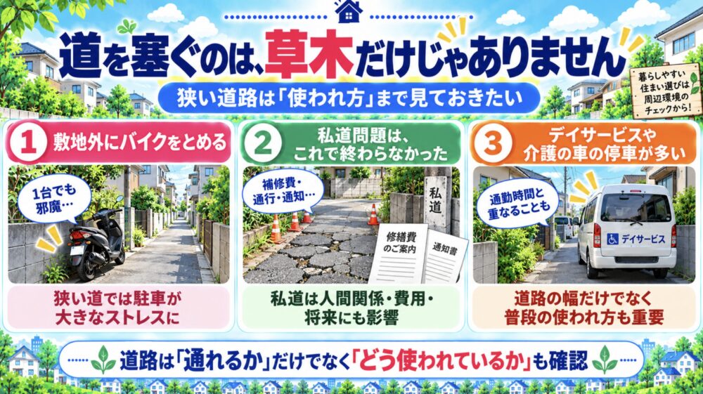 生活道路をしっかりチェック。私道、通行時間帯、妨げになる物