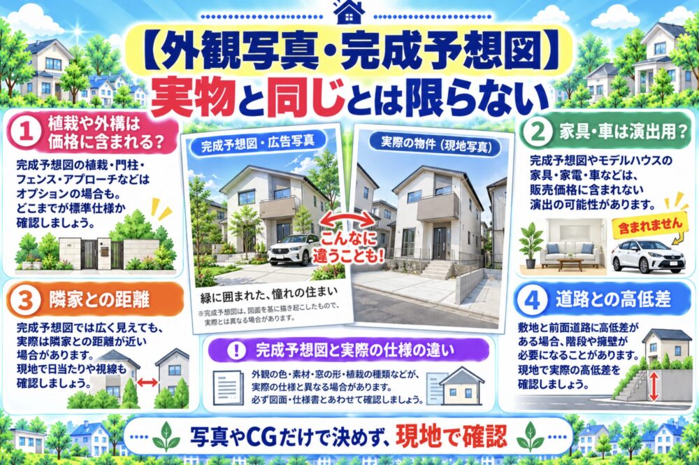 戸建てのチラシの見方・注意点【外観写真・完成予想図】実物と同じとは限らない