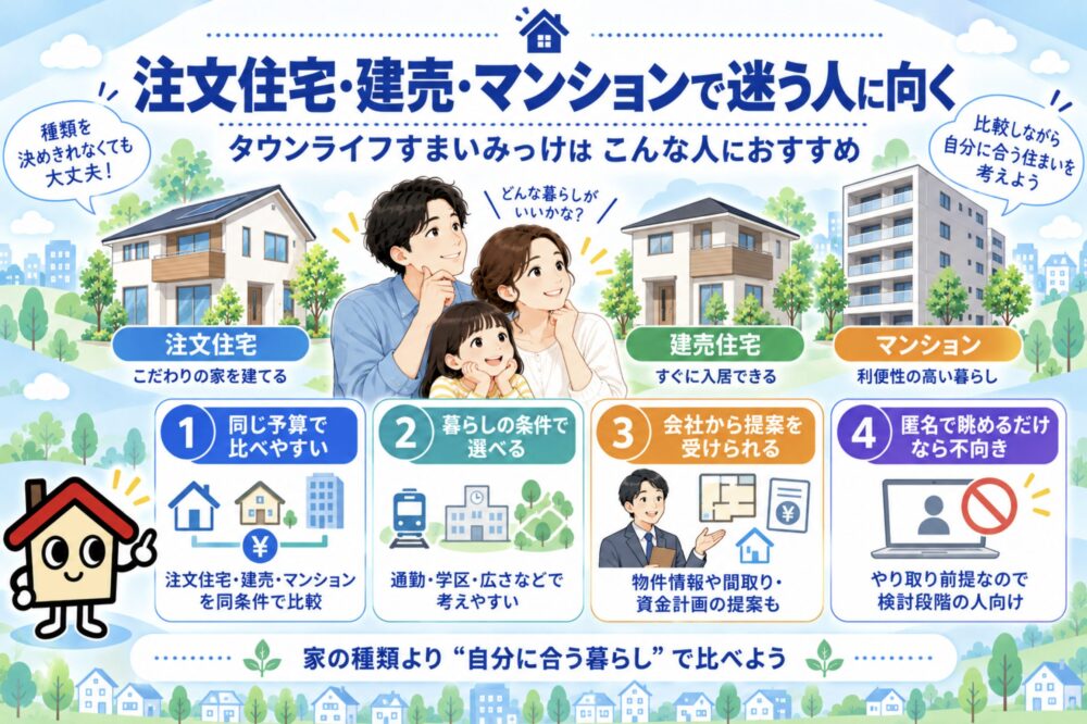 タウンライフすまいみっけは、注文住宅・建売・マンションで迷う人向け