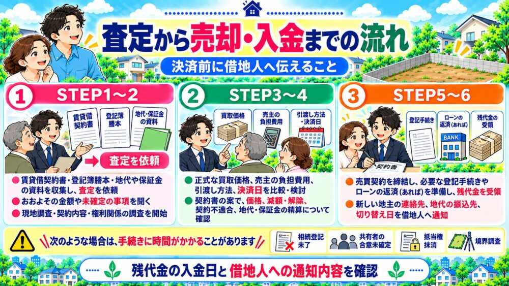 査定から売却・入金までの流れ｜決済前に借地人へ伝えること